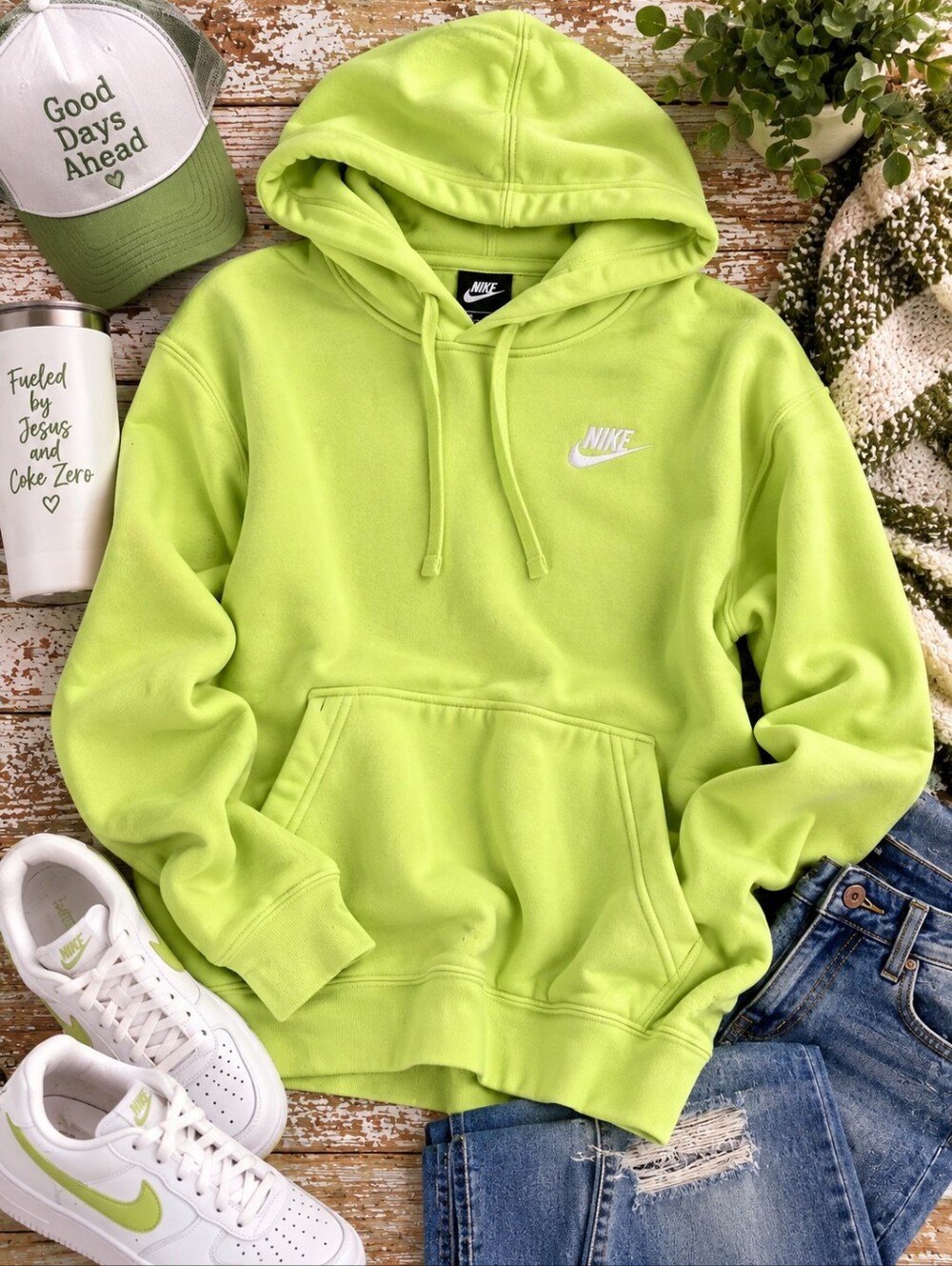 Nike Sportswear Neon Lime Green Pullover Fleece Hoodie Size L